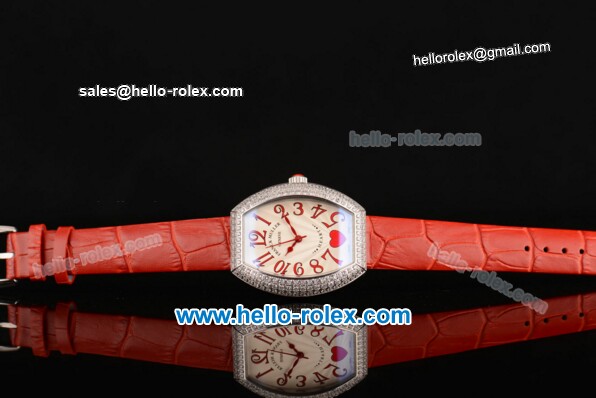 Franck Muller Heart Swiss Quartz Steel Case with Red Leather Strap Diamond Bezel and White Dial - ETA Coating - Click Image to Close